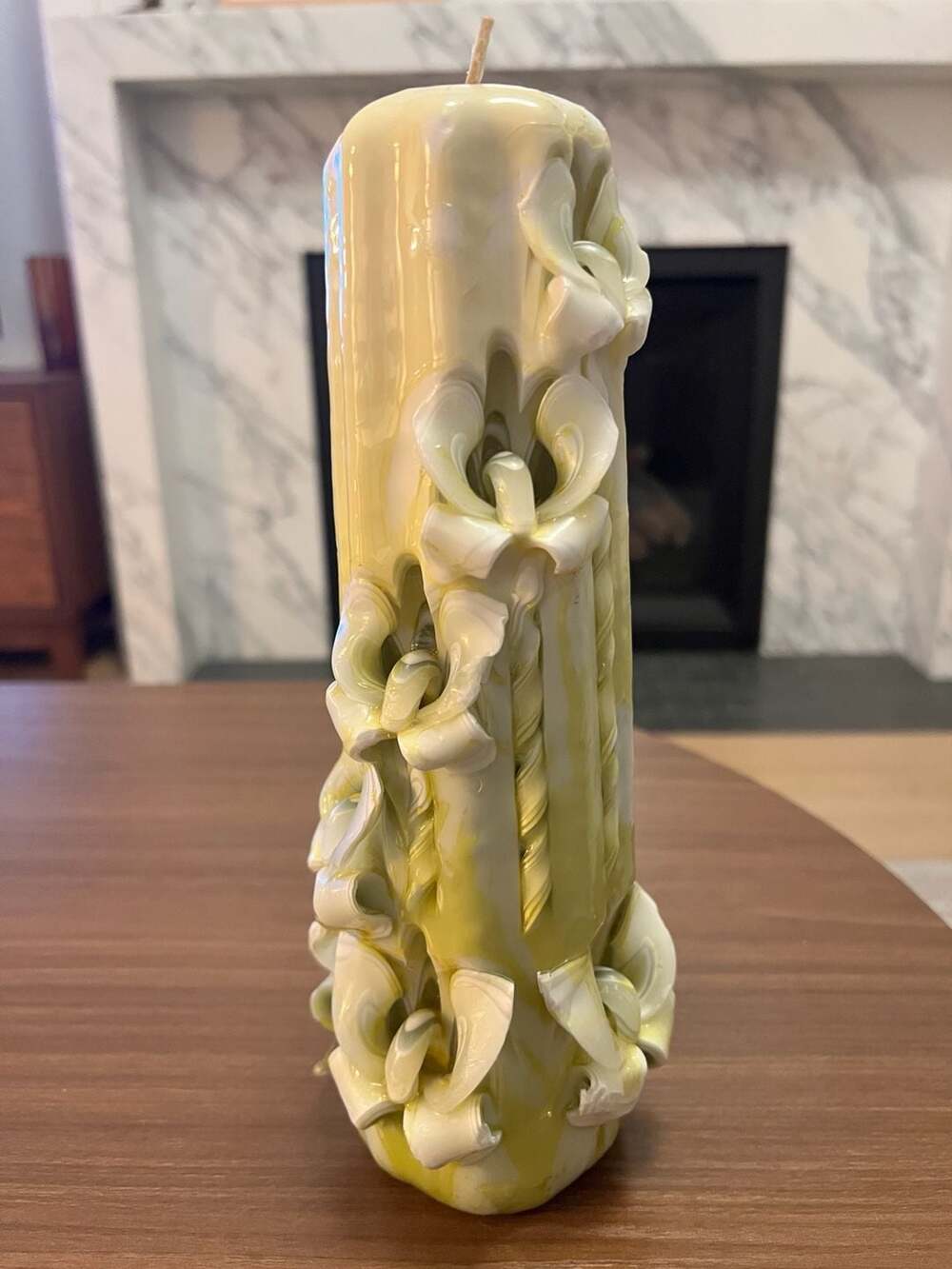 Vintage Hand Carved Sculpted Pillar Candle Green and White Wax